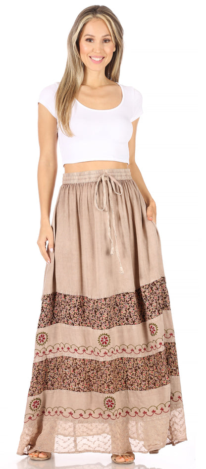 Sakkas Sandra Women's Casual Long Maxi Boho Gypsy Skirt Elastic Waist & Pockets