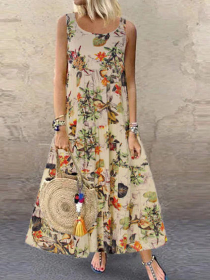 Retro Floral Print Short-sleeved Round Neck Dress