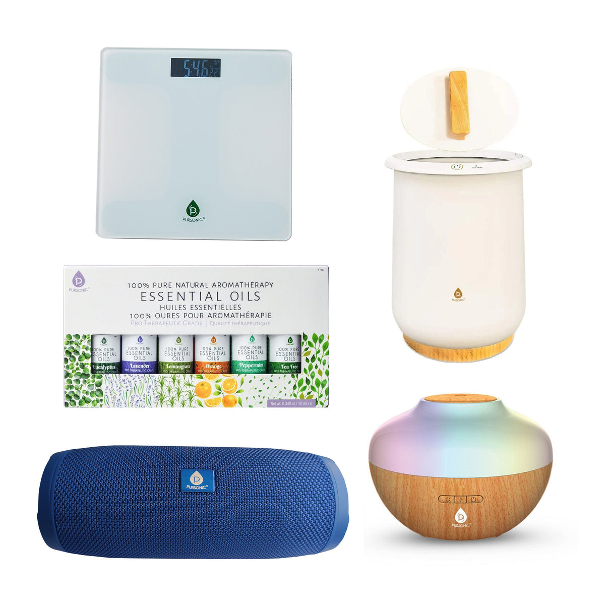 FlameGlow Aromatherapy Diffuser, Pursonic 6-Pack Essential Oils & Portable 360° Hi-Res Wireless Speaker