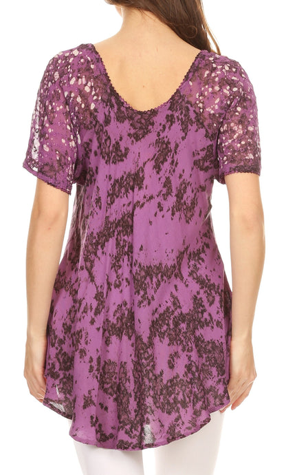 Sakkas Ash Speckled Tiedye Embroidered Cap Sleeve Blouse Top With Embroidery Hems
