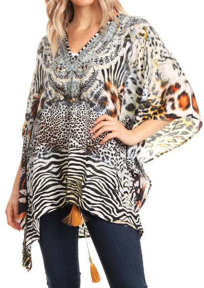 Sakkas Danis Women's Oversized Casual Pullover V-neck Short Sleeve Boho Top Blouse