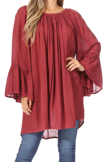 Sakkas Anna Casual Flowy Wide Neck 3/4 Sleeve Light Summer Boho Blouse Top
