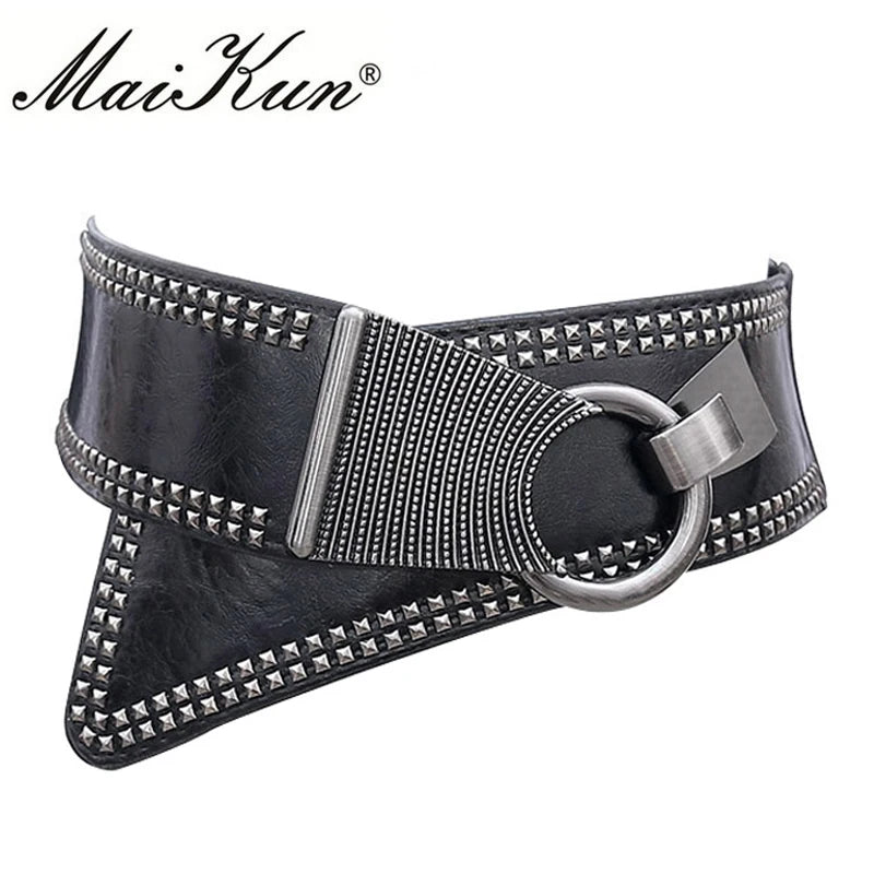 Maikun Fashion Punk Rocker Wide Belts for Women Elastic Wide European Style Women Belts Metal Round Buckle