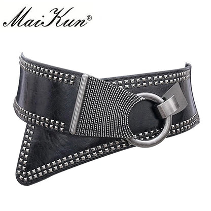 Maikun Fashion Punk Rocker Wide Belts for Women Elastic Wide European Style Women Belts Metal Round Buckle