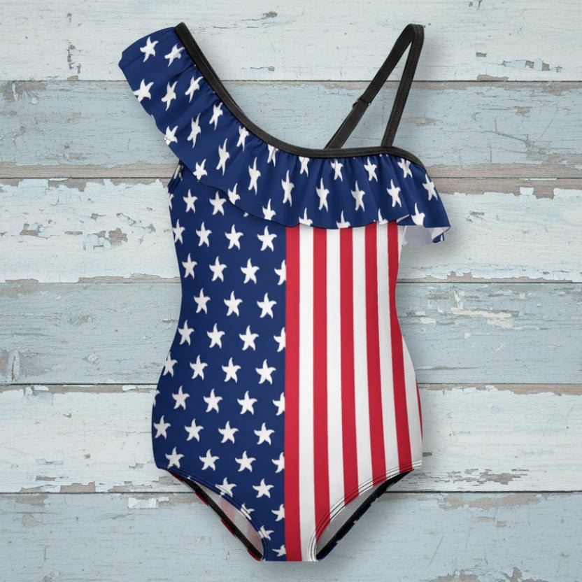Girl's Ruffled USA Flag One Piece Swimsuit
