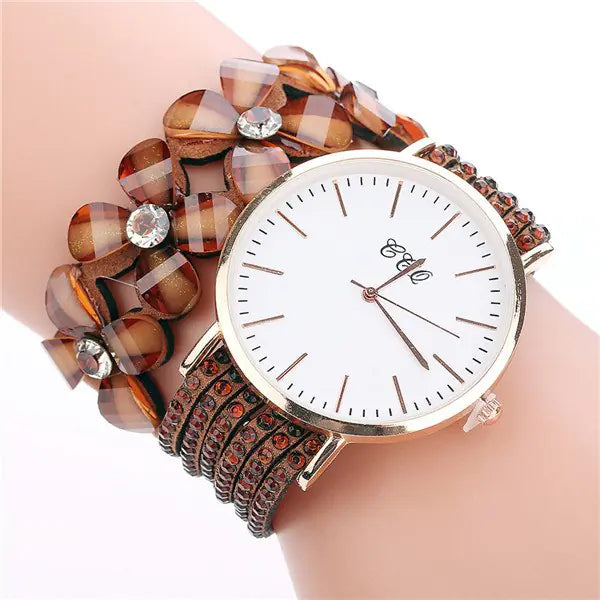 CCQ Women's Circle Bracelet Watch with Floral Crystals