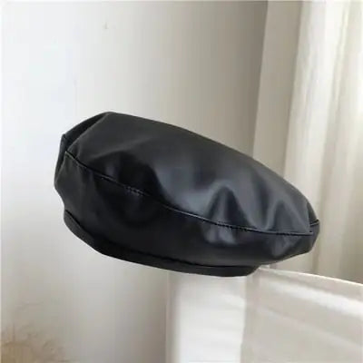 Large Black PU Leather Beret Hat for Painters