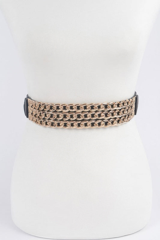 Front view of a multi-layered gold-tone chain elastic waist belt styled around a white dress mannequin against a light background.