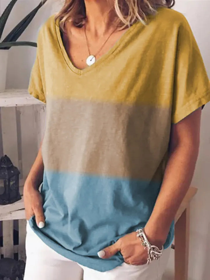 Gradient Color V-Neck Short Sleeve T-Shirt