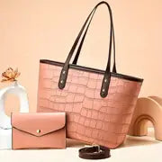 Crocodile Embossed Tote Bag Set with Clutch Purse