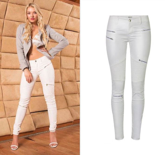 "Lola" White Faux Leather Zippered Knee Pencil Pants