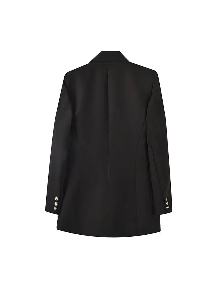Women's Double Breasted Blazer - Vintage Long Sleeve Outerwear with Pockets