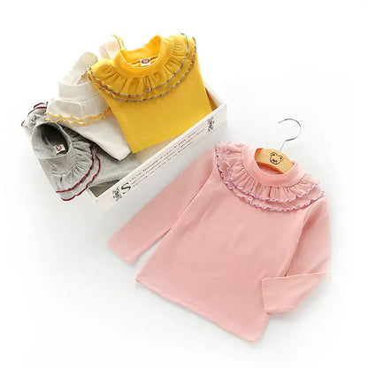Girls' Solid Color Lace Round Neck T-shirt