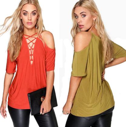 V-Neck Short Sleeve Autumn Top with Shoulder Tie for Women