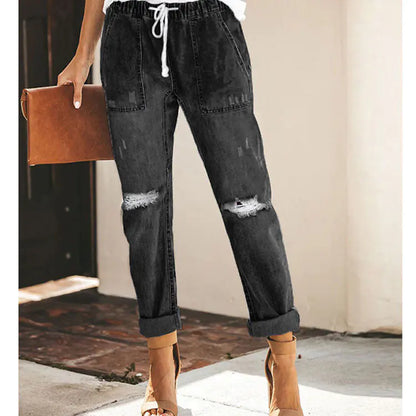 Women's Straight Ripped Jeans with Drawstring and Pockets