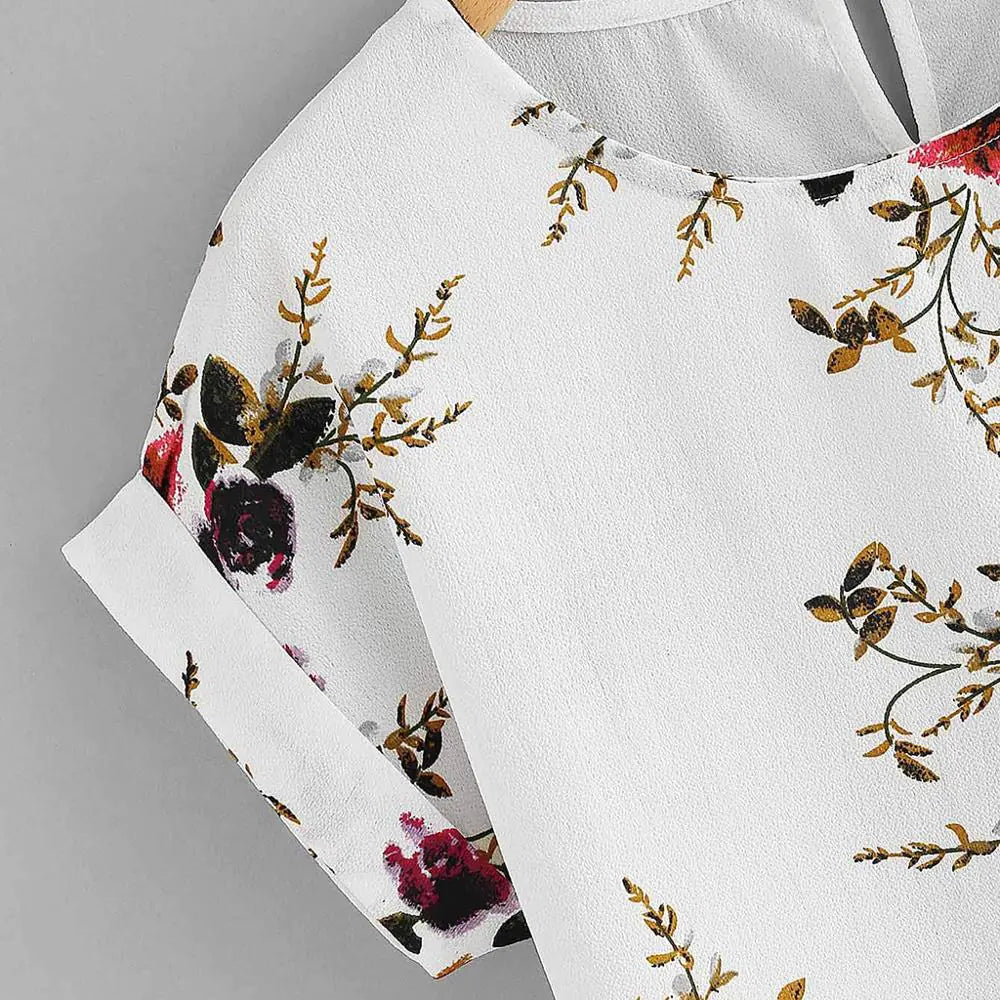 Floral Print O-Neck Blouse for Women Short Sleeve Top