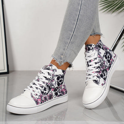 Women's High-Top Canvas Sneakers – Lace-Up Casual Flat Shoes