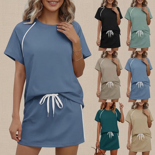 Women's short-sleeve drawstring top and mini skirt two-piece set displayed in multiple color options including blue, black, green, khaki, and sea blue.