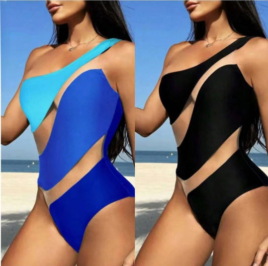 Sexy Tight Mesh Stitching Hollow Shoulder One-piece Women's Swimsuit Bikini