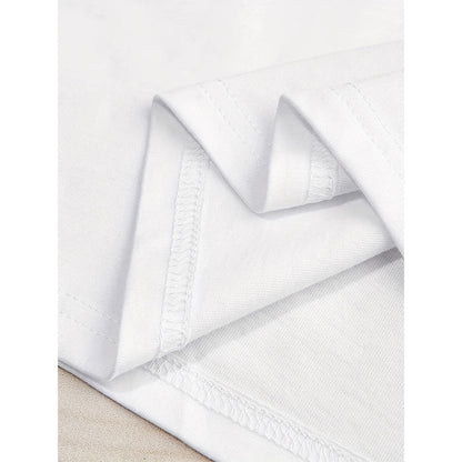 "Close-up detail of the clean white fabric stitching and hemline on the casual short-sleeve t-shirt
