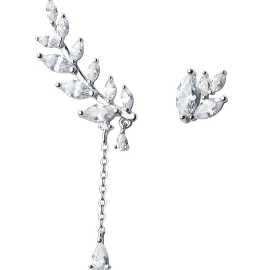 925 Silver Asymmetrical Earrings with Diamond Leaves