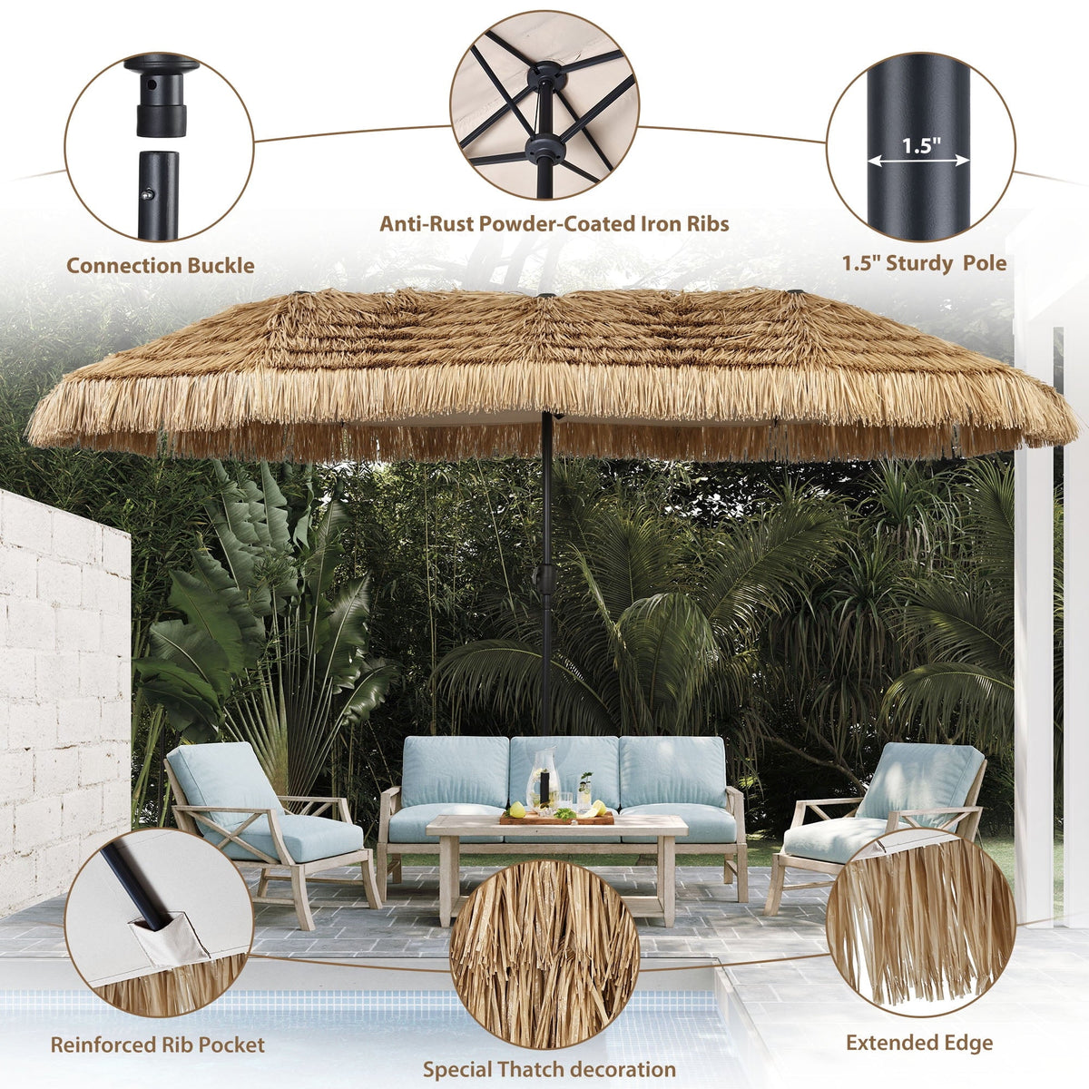 Ainfox 13ft Large Thatched Tiki Patio Umbrella, Outdoor Heavy-Duty Double-Sided Rectangle Market Umbrella for Garden, Deck, Backyard, Pool, Beach