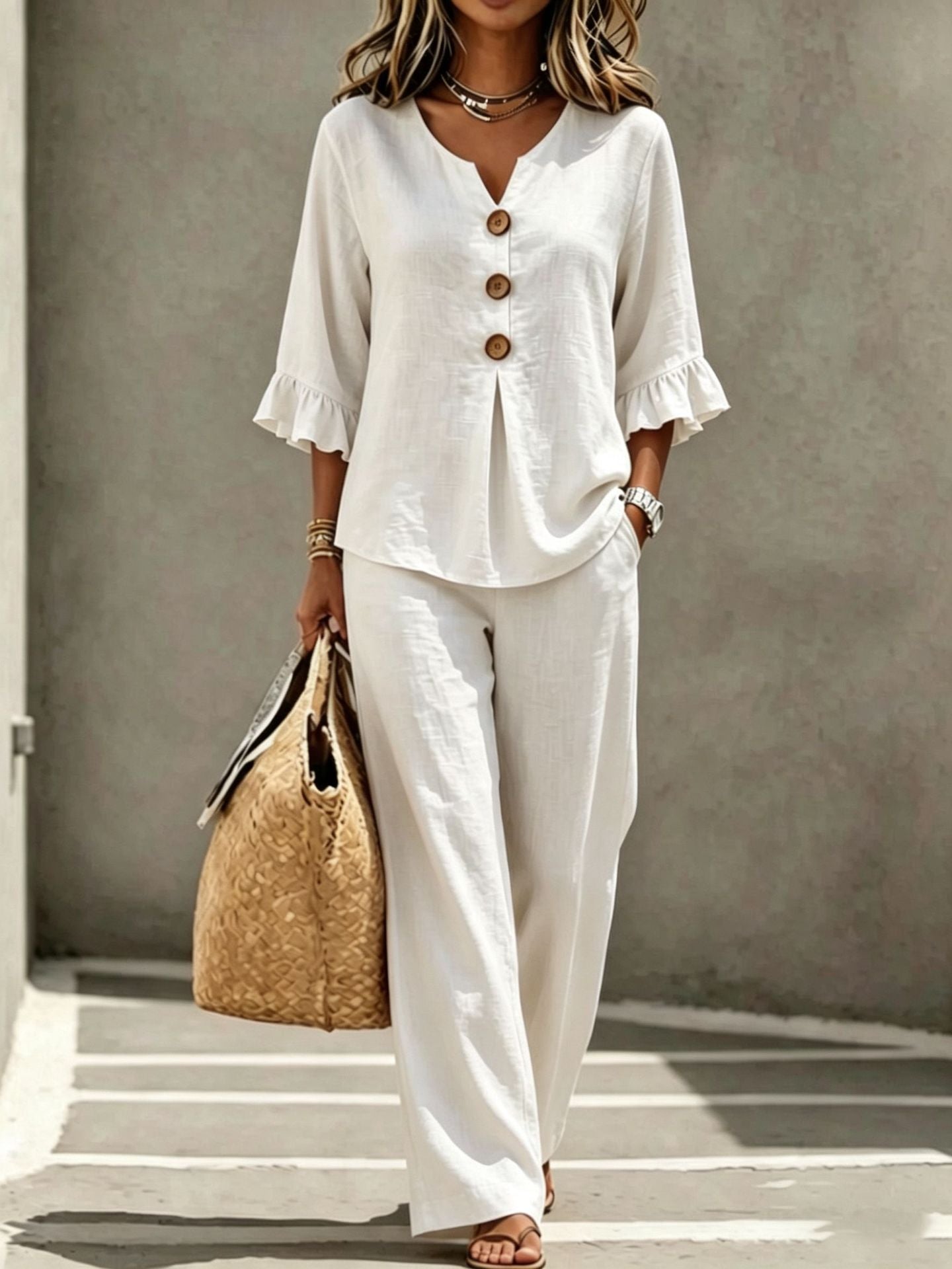 Women's two-piece set in white, featuring a button-down V-neck ruffle top, matching relaxed-fit pants, and three-quarter sleeves.