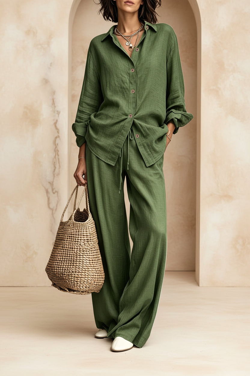 Women's button-down shirt and wide-leg pants set in army green – full outfit front view showing relaxed casual silhouette and straw bag