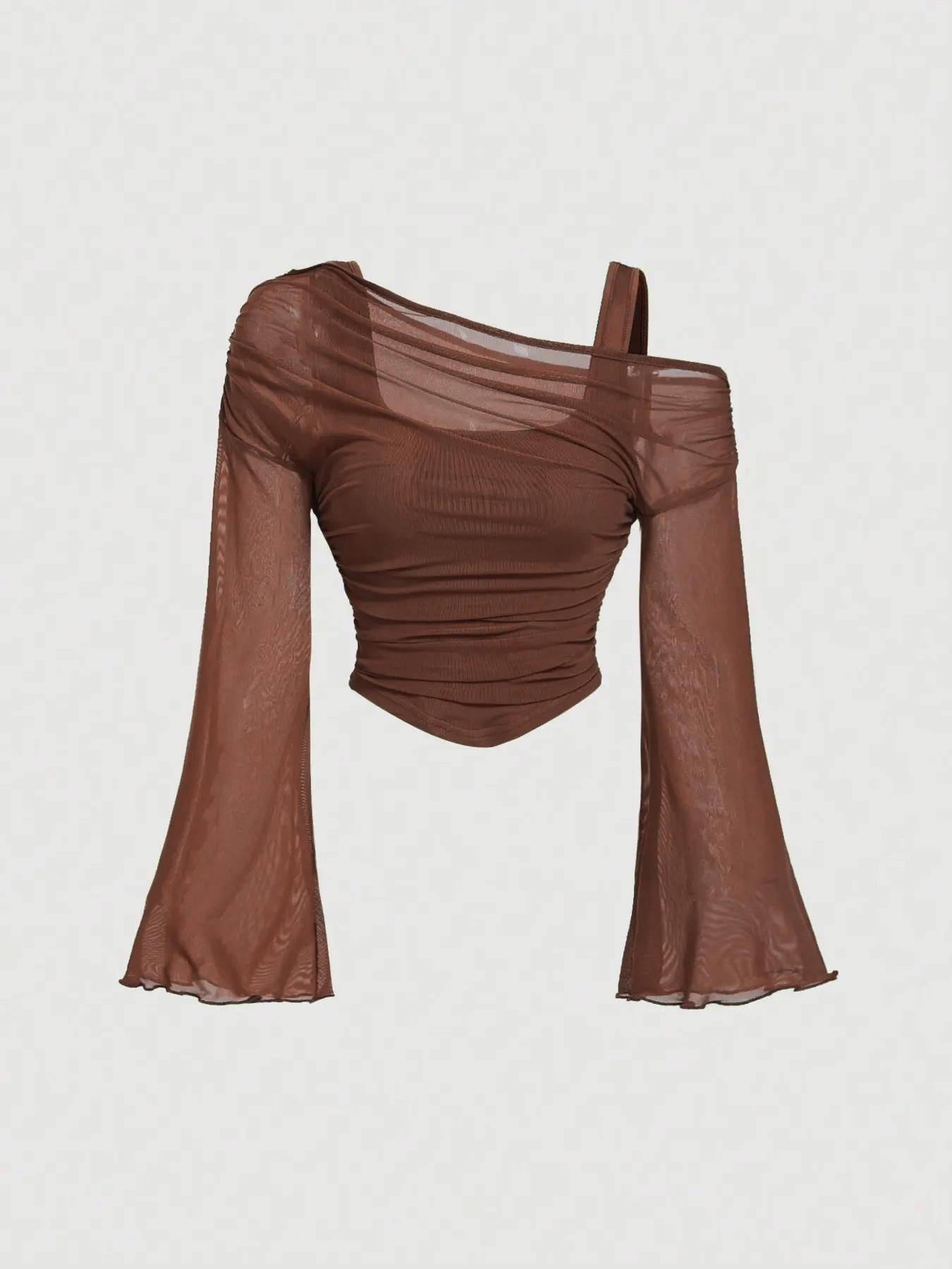 Dark brown mesh neck pleated long-sleeve top by FitiqueFit, product flat lay view.