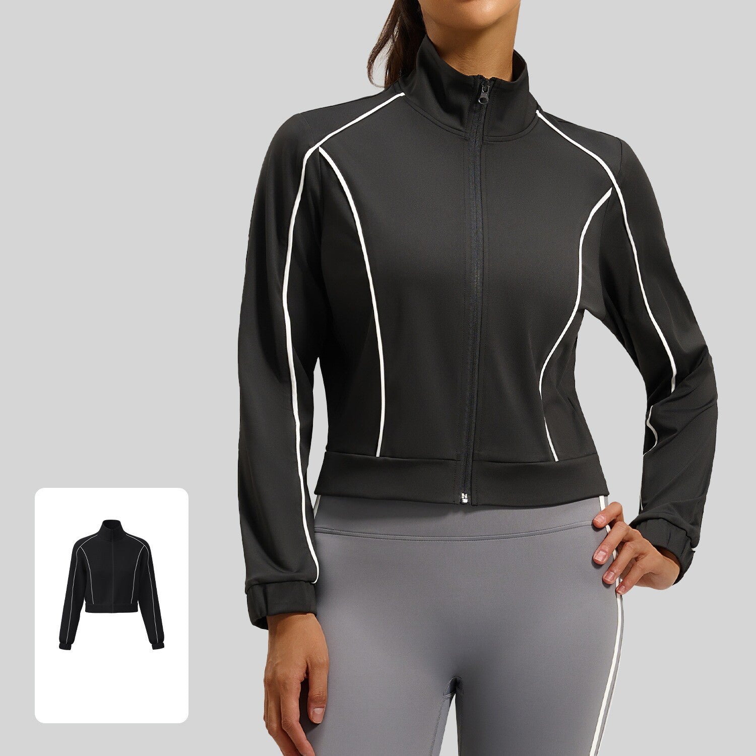 Women's Starlight Black contrast stripe loose sports cardigan jacket, front view