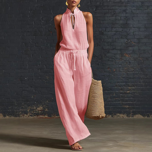 Women's Cotton Linen Sleeveless Top & Wide-Leg Pants Two-Piece Set