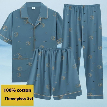 Men's Pajamas Summer Cotton Short Sleeve Trousers Three-piece Set
