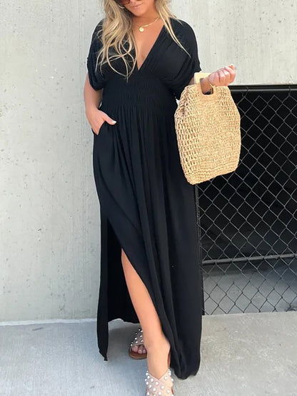 Aydan Bat-sleeved V-neck Slit Dress