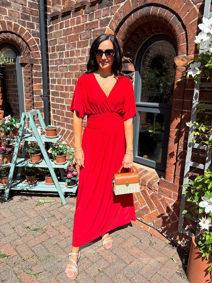 Aydan Bat-sleeved V-neck Slit Dress