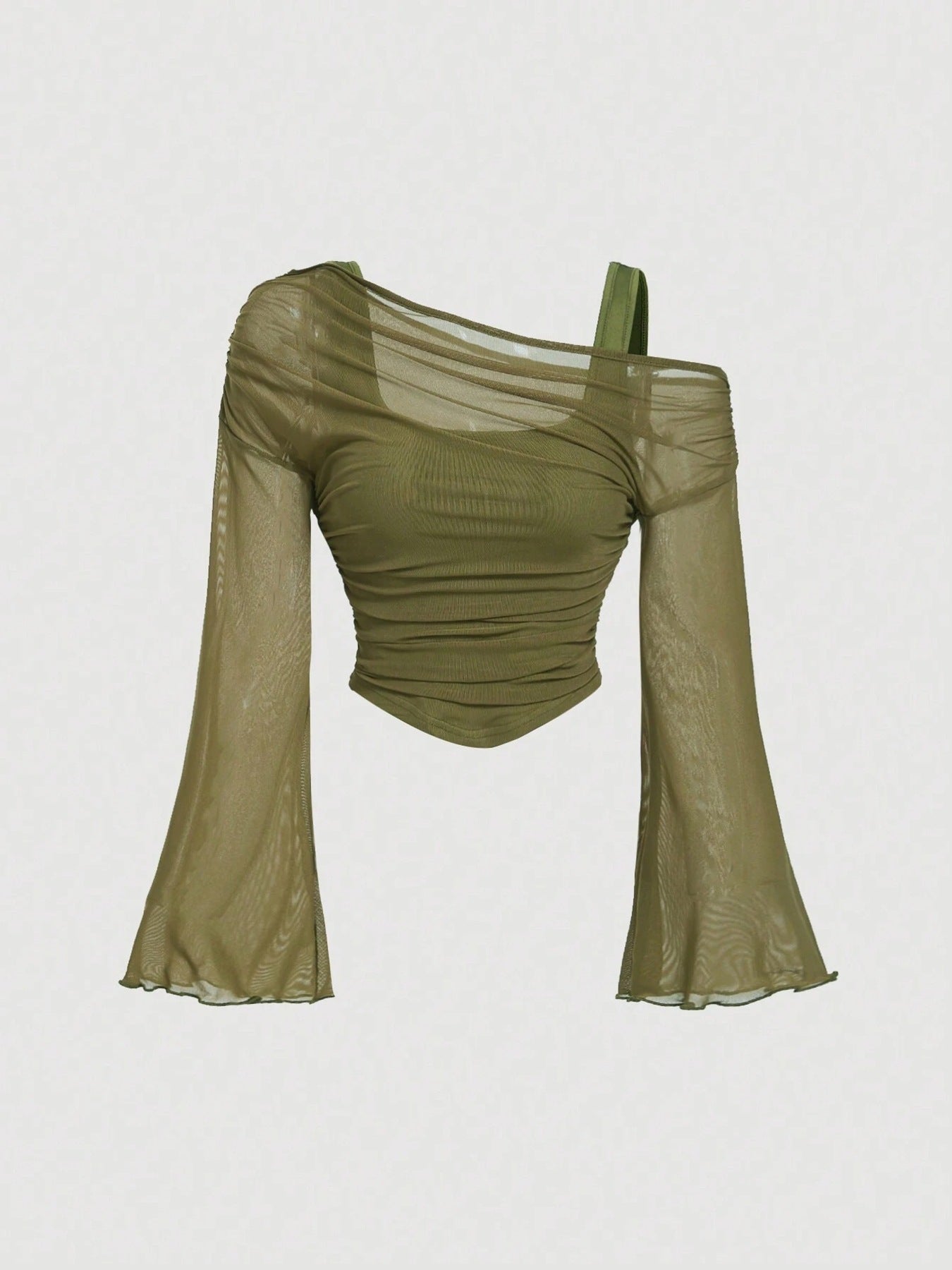 Green mesh neck pleated long-sleeve top by FitiqueFit, product flat lay view.