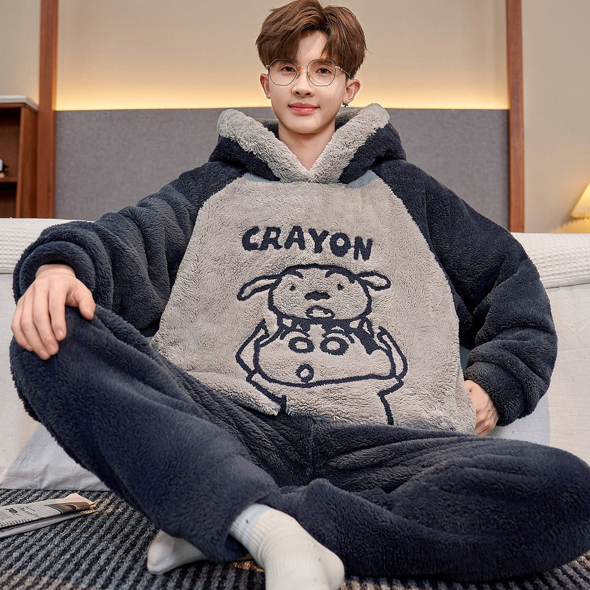 Mens Thickened Cartoon Plus-Size Pajama Set