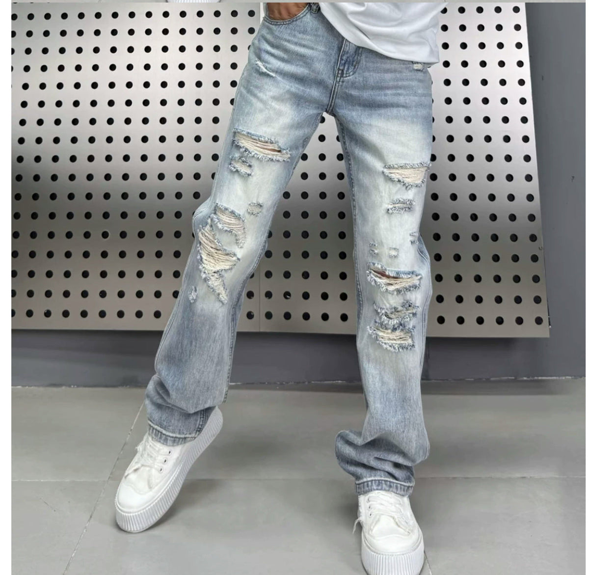 Fumei Personalized Perforated Design Denim Casual Versatile High Street Straight Leg Pants