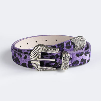 European And American New Retro Carved Imitation Horse Hair Leopard Print Fashion Y2K Dopamine Western Buckle Belt Cross-Border Women's Belt