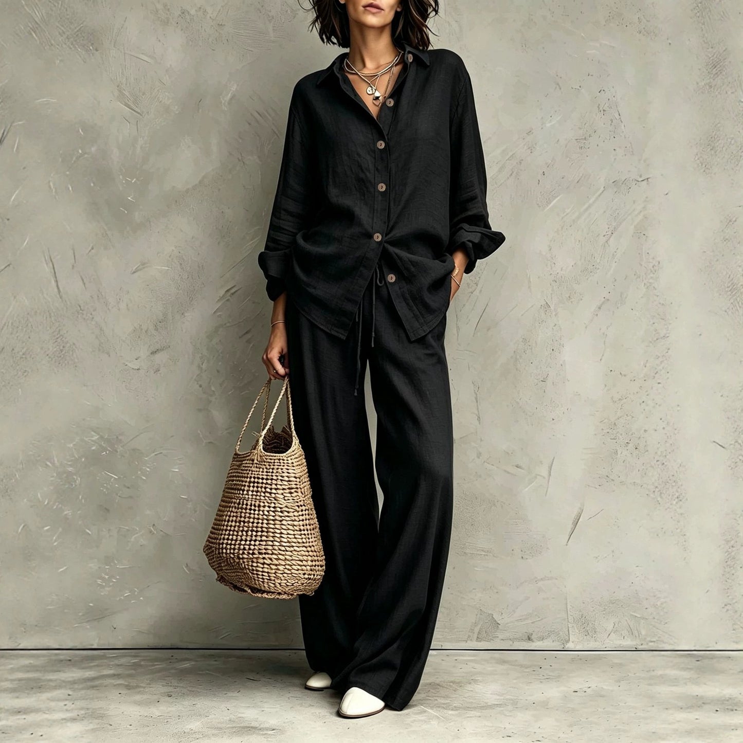 Women's button-down shirt and wide-leg pants set in black – full outfit front view showing relaxed casual silhouette and straw bag