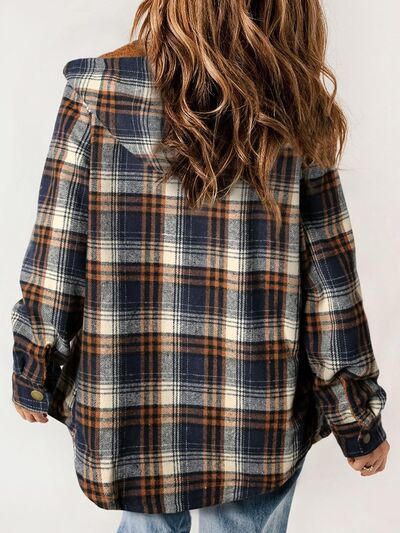 Plaid Snap Down Plush Hooded Jacket Soft & Warm Women Outerwear Cozy And Comfortable Jacket