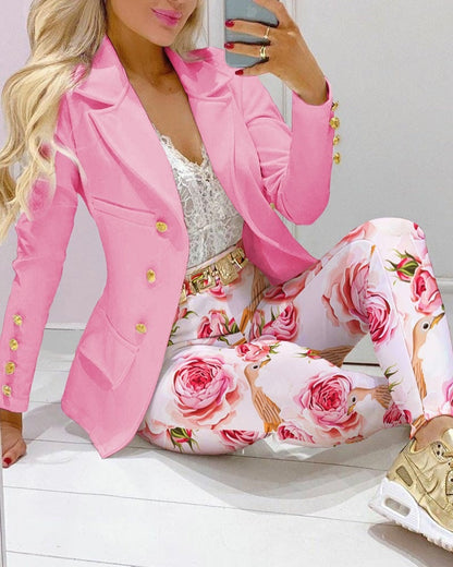 Women's Printed Coat & Trousers Two-Piece Set – 19 Prints, Casual Fashion Suit