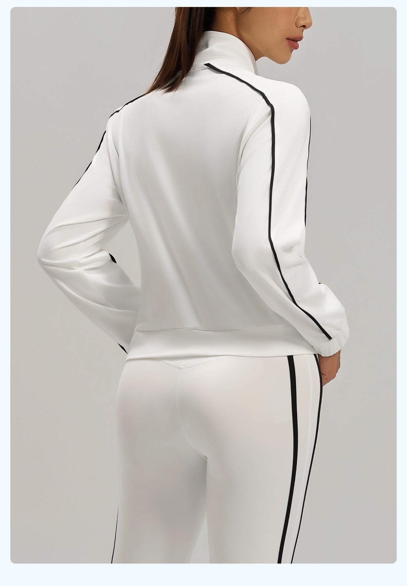 Women's white contrast stripe loose sports cardigan jacket, back view