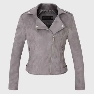 Suede Lapel Long Sleeve Zipper Detail Leather Jacket