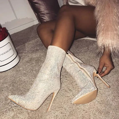 Rhinestone High Heel Boots with Pointed Toe