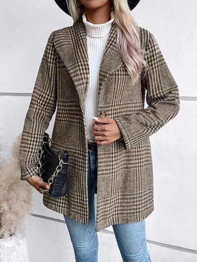 Women's Plaid Collared Neck Buttoned Long Sleeve Jacket – Classic & Lightweight Outerwear for Everyday Wear