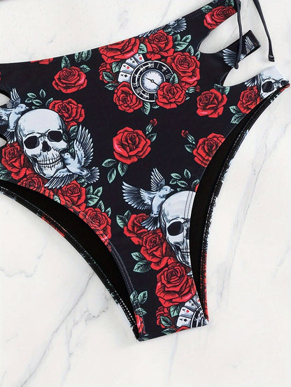 Bikini Skull Print Hollow-Out 2 Piece Swimsuit for Women – Sexy Lace-Up Floral Tie Bathing Suit with Crew Neck – High Stretch Halloween Inspired Bikini Set for Beach Party, Festival, and Summer Vacation