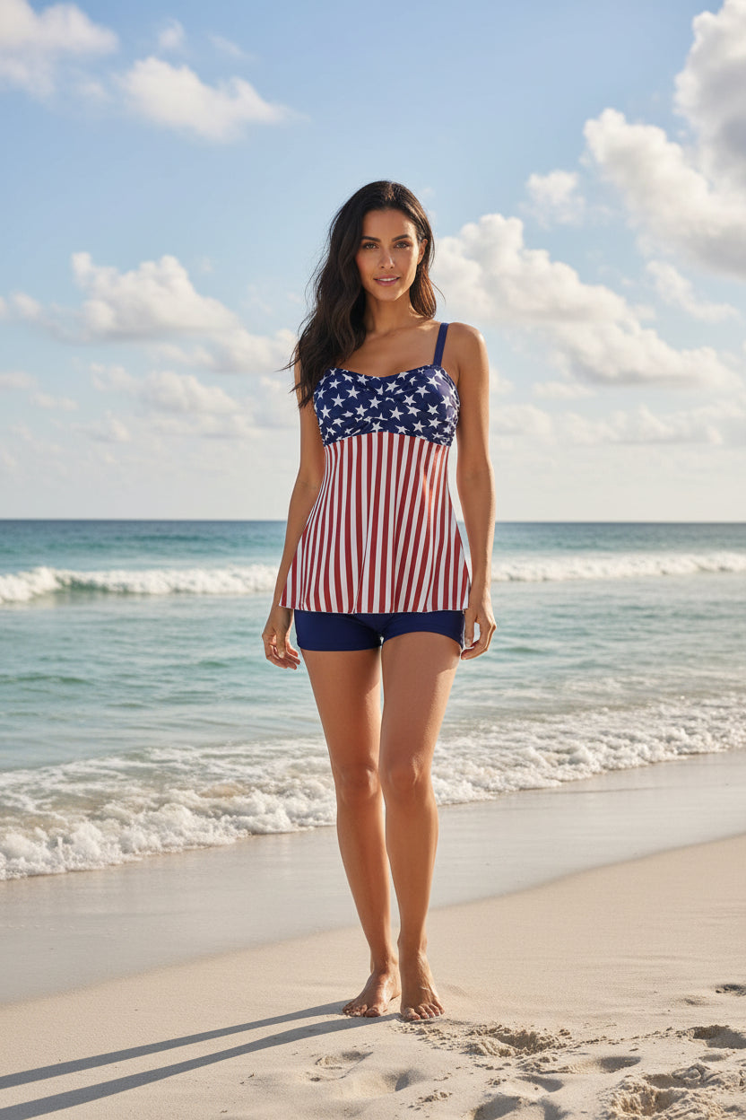 Printed Split Boxer Swimsuit – Two-Piece Set for Women