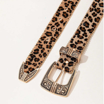 American Retro Leopard Print Metal Engraved Design Belt
