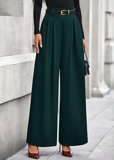 Women's pleated wide-leg trousers in dark green featuring a slimming drape silhouette, structured front pleats, and an adjustable belted waist.