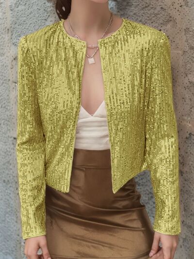 Elegant Women Full-Size Sequin Open Front Cropped Jacket With Glamorous Sparkle Luxury Women Party Jacket